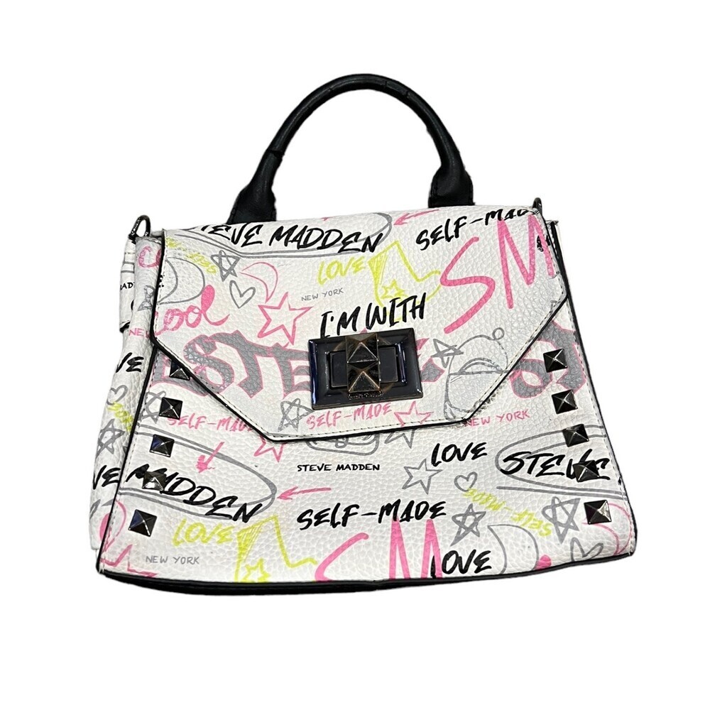 Steve Madden White Logo Graffiti Top Handle Bag